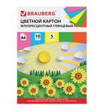 Картон цветной А4 (200х290 мм) мелованный, ФЛУОРЕСЦЕНТНЫЙ, 10 листов 5 цветов, в папке, BRAUBERG, Лето, 129918