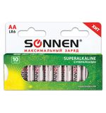 Батарейки SONNEN Super Alkaline, АА (LR06, 15А), алкалиновые, 10 шт, в коробке, 454231