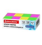 Блоки самоклеящиеся (стикеры) BRAUBERG 38х51мм, 100 листов, НАБОР 12 штук, 3 неоновых, 111345