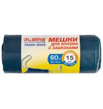 Мешки для мусора с завязками LAIMA "ULTRA", 60 л, синие, 15 шт., особо прочные, ПСД 30 мкм, 60х70 см, 607696