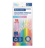 Карандаши цветные BRAUBERG PASTEL, 12 пастельных цветов, трёхгранные, грифель 3 мм, 181850
