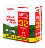 Бумага туалетная "МЯГКИЙ РУЛОНЧИК ЛЮКС" белая, 100% целлюлоза, спайка 32 рулона по 45 метров, 1-слойная, LAIMA, 114736