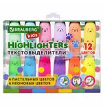 Набор текстовыделителей мини 12 ЦВЕТОВ BRAUBERG KIDS "CUTE CATS", линия 1-5 мм, 152437