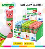 Клей-карандаш "Зверята: кошка, мышка, хрюшка", 9 г, фигурный колпачок, BRAUBERG KIDS, 271138