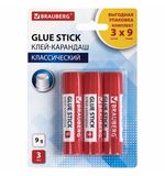 Клей-карандаш 9 г ВЫГОДНАЯ УПАКОВКА BRAUBERG, 3 штуки на блистере, 271305