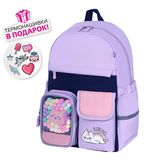 Рюкзак BRAUBERG PASTEL с термонашивками в комплекте, "Lazy cat", сиреневый, 40х29х14 см, 271422