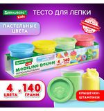 Пластилин-тесто для лепки BRAUBERG KIDS, 4 цвета, 560 г, пастельные цвета, крышки-штампики, 106717