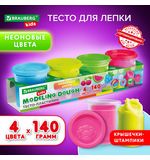 Пластилин-тесто для лепки BRAUBERG KIDS, 4 цвета, 560 г, яркие неоновые цвета, крышки-штампики, 106716