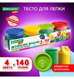 Пластилин-тесто для лепки BRAUBERG KIDS, 4 цвета, 560 г, яркие классические цвета, крышки-штампики, 106715