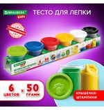 Пластилин-тесто для лепки BRAUBERG KIDS, 6 цветов, 300 г, яркие классические цвета, крышки-штампики, 106718