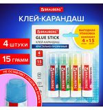 Клей-карандаш 15 г ВЫГОДНАЯ УПАКОВКА BRAUBERG "COLOR Crystal", 4 штуки на блистере, 271709