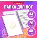 Папка-тетрадь для нот А4, 20 вкладышей на 40 страниц, на гребне, пластик, БЕЛАЯ, BRAUBERG, 404644