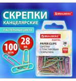 Скрепки BRAUBERG PASTEL, 28 мм, пастельные цвета, 100 шт., в пластиковой коробке, 271956