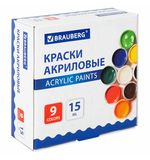 Краски акриловые для рисования и творчества 9 цветов по 15 мл, BRAUBERG, 192563