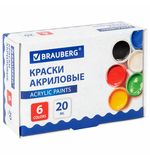 Краски акриловые для рисования и творчества 6 цветов по 20 мл, BRAUBERG, 192562