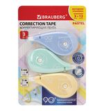 Корректирующая лента BRAUBERG PASTEL 5 мм х 12 м, вращающийся наконечник 90°, ВЫГОДНАЯ УПАКОВКА 3 штуки в блистере,механизм перемотки,272489