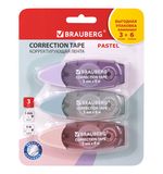Корректирующая лента BRAUBERG PASTEL, 5 мм х 6 м, ВЫГОДНАЯ УПАКОВКА 3 штуки в блистере, 272658