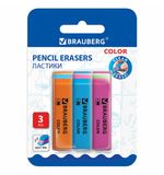 Ластики BRAUBERG "Color", НАБОР 3 штуки, 55х15х13 мм, прямоугольные, скошенные, блистер, 272672