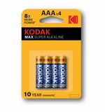 Батарейки алкалиновые "мизинчиковые" КОМПЛЕКТ 4 шт., KODAK Max Super Alkaline, ААА (LR03,15А), блистер, Б0005124