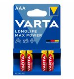 Батарейки алкалиновые "мизинчиковые" КОМПЛЕКТ 4 шт., VARTA LONGLIFE MAX POWER, ААА (LR03,15А), блистер, 4703101404