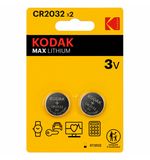 Батарейки КОМПЛЕКТ 2 шт., KODAK Max Lithium, CR2032, литиевые, блистер, Б0037004