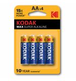 Батарейки алкалиновые "пальчиковые" КОМПЛЕКТ 4 шт., KODAK Max Super Alkaline, АА (LR6, 24А), блистер, Б0005120