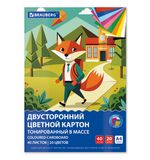 Картон цветной А4 ТОНИРОВАННЫЙ В МАССЕ, 40 листов, 20 цветов, склейка, 180 г/м2, BRAUBERG, 116341