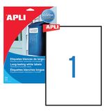 Этикетка самоклеящаяся APLI на листе формата А4, 1 этикетка, размер 210х297 мм, всепогодная, белая, 20 л., 01228