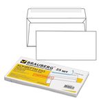Конверты Е65 BRAUBERG, комплект 25 шт., отрывная полоса STRIP, белые, 110х220 мм, 122449