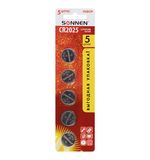 Батарейки литиевые SONNEN Lithium CR2025, "таблетки, дисковые, кнопочные", КОМПЛЕКТ 5 шт., блистер, 457140