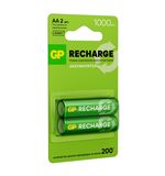 Батарейки аккумуляторные GP ReCharge Ni-Mh пальчиковые КОМПЛЕКТ 2 шт., АА (HR6) 1000 mAh, 100AAHCV, 100AAHCV-2CRSB