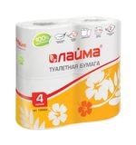 Бумага туалетная бытовая, спайка 4 шт., 2-х слойная (4х19 м), ЛАЙМА, белая, 126904