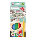 Карандаши цветные кросс-серия МИЛЫЕ КОТЫ, 12 цветов, трехгранные, BRAUBERG, 182109