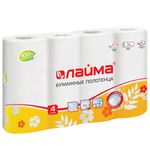 Полотенца бумажные бытовые, спайка 4 шт., 2-х слойные (4х18 м), ЛАЙМА, 22х23 см, белые, 128725