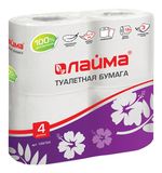 Бумага туалетная бытовая, спайка 4 шт., 3-х слойная (4х18 м), ЛАЙМА, белая, 128724