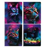 Тетради ДЭК А5 48 л. КОМПЛЕКТ 4 шт., BRAUBERG, гребень, клетка, TWIN лак, "Neon Cats", 404660