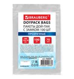 Пакеты дой-пак с замком ZIP LOCK, прозрачные, 100х150 + 30 мм, КОМПЛЕКТ 100 штук, 70 мкм, BRAUBERG, 700695
