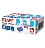 Зажимы для бумаг STAFF ECO, КОМПЛЕКТ 12 шт., 15 мм, на 45 листов, цветные, картонная коробка, 274036