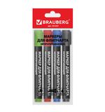 Маркеры для флипчарта BRAUBERG, набор 4 шт., непропитывающие, круглые, 2,5 мм, (черный, синий, красный, зеленый), 151257