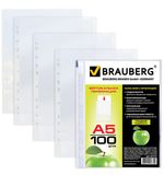Папки-файлы перфорированные, А5, BRAUBERG, вертикальные, комплект 100 шт., гладкие, "Яблоко", 35 мкм, 221714
