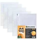 Папки-файлы перфорированные, А4, BRAUBERG, комплект 100 шт., "апельсиновая корка", 45 мкм, 221713