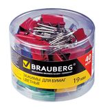 Зажимы для бумаг BRAUBERG, комплект 40 шт., 19 мм, на 60 л., цветные, в пластиковом цилиндре, 221127