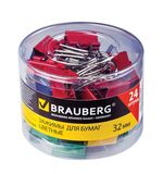 Зажимы для бумаг BRAUBERG, комплект 24 шт., 32 мм, на 140 л., цветные, в пластиковом цилиндре, 221129