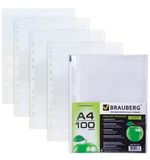 Папки-файлы перфорированные, А4, BRAUBERG, комплект 100 шт., гладкие, "Яблоко", 35 мкм, 221710