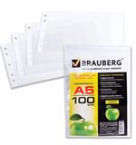 Папки-файлы перфорированные, А5, BRAUBERG, горизонтальные, комплект 100 шт., гладкие, "Яблоко", 35 мкм, 223085