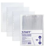 Папки-файлы перфорированные, А4, STAFF, комплект 100 шт., гладкие, 25 мкм, 224814