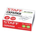 Скрепки STAFF, 28 мм, никелированные, 100 шт., в картонной коробке, 226758