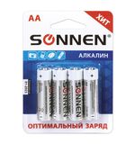 Батарейки SONNEN, AA (LR6), комплект 4 шт., АЛКАЛИНОВЫЕ, в блистере, 1,5 В, 451085