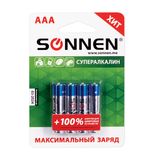 Батарейки SONNEN, AAA (LR03), комплект 4 шт., СУПЕРАЛКАЛИНОВЫЕ, в блистере, 1,5 В, 451096