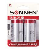 Батарейки SONNEN, D (R20), комплект 2 шт., солевые, в блистере, 1,5 В, 451100